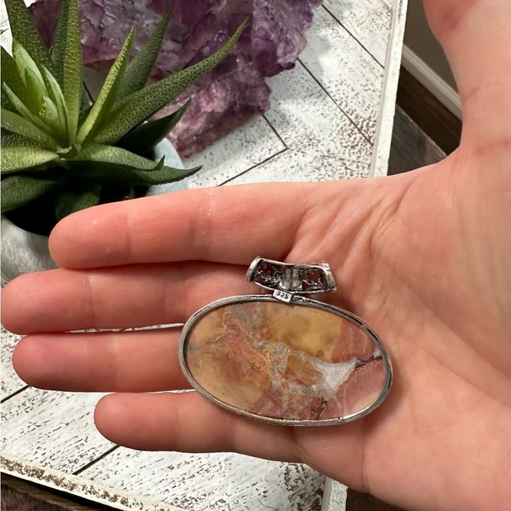 Maligano Jasper Sterling Silver 925 Oval Pendant Orange Red Gray Quartz - Picture 6 of 8